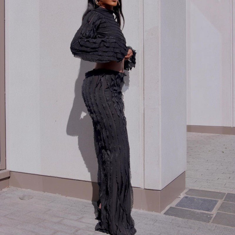 Women Fall Solid Round Neck Long Sleeve Crop Top and Skirt Two-Piece Set 7