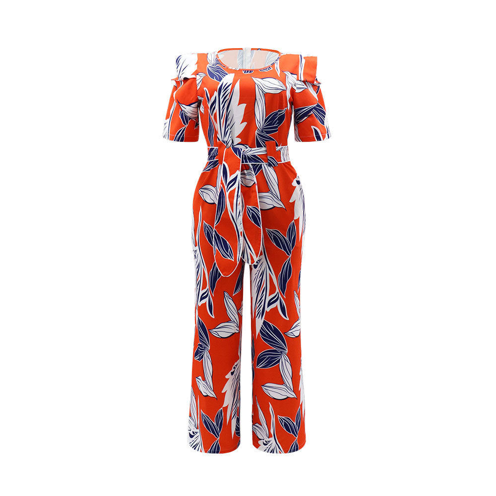 Women Printed Patchwork Irregular Short Sleeve Tie Jumpsuit 3