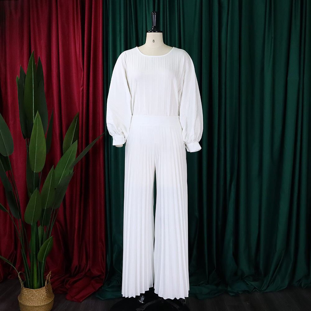 Plus Size Women Summer Loose Casual Shirt and Wide-leg Pants Two-Piece Set 14