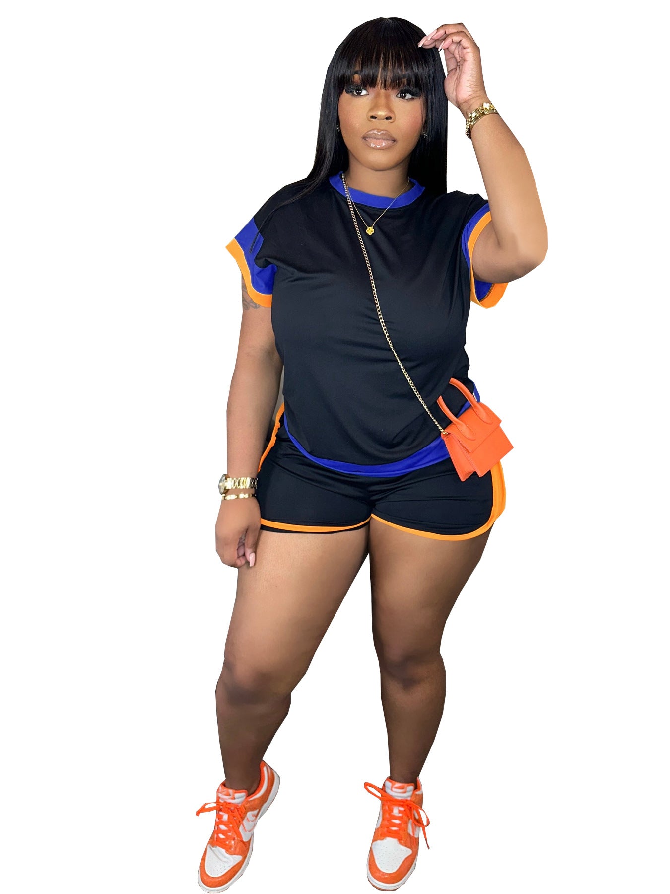 Women Summer Loose Color Block Round Neck Top and Shorts Casual Two-piece Set 3