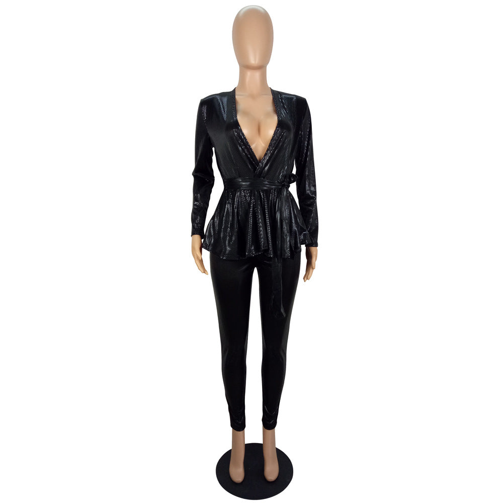 Women'S Slim Fashion Shiny Long Sleeve Suit With Belt 26