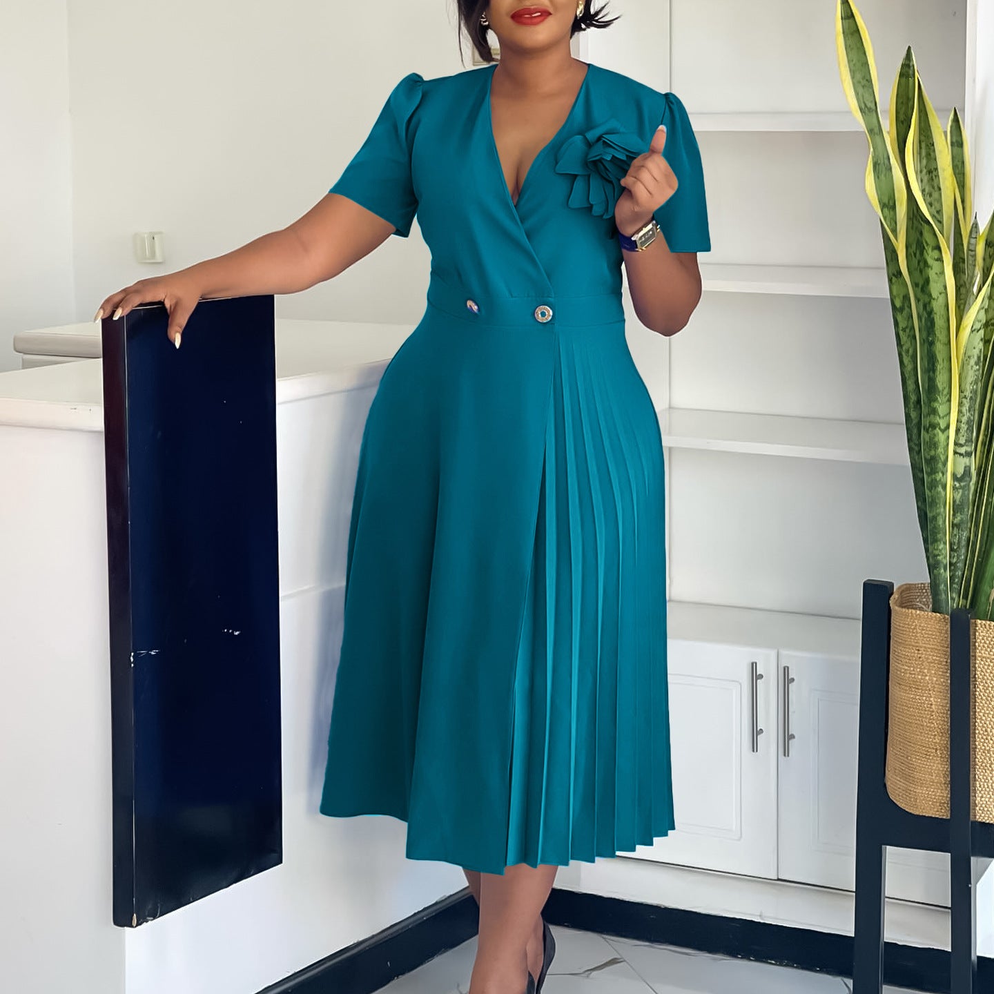 Women's Summer V-Neck Fashion Short Sleeve Solid Color Elegant Pleated African Dress 4