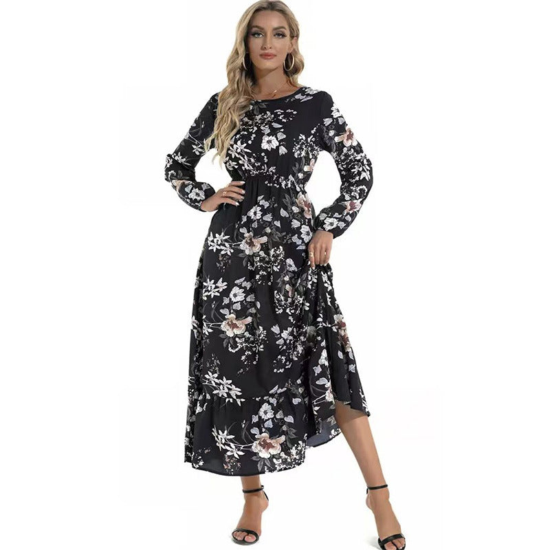 Women Long Sleeve Printed Round Neck Floral Dress 5