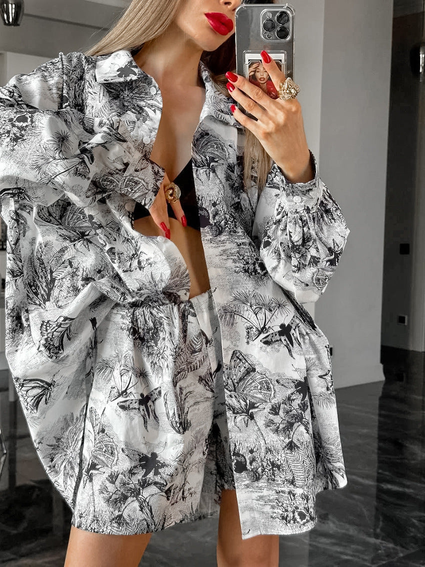 Women Spring Printed Top and Shorts Two-piece Set 4