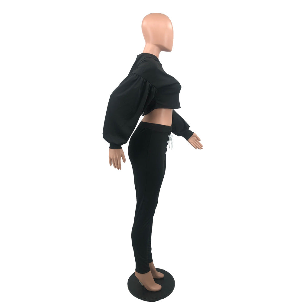 Women Autumn/Winter Long Sleeve Top+Lace-Up Pants Solid Color Two-piece Set 33