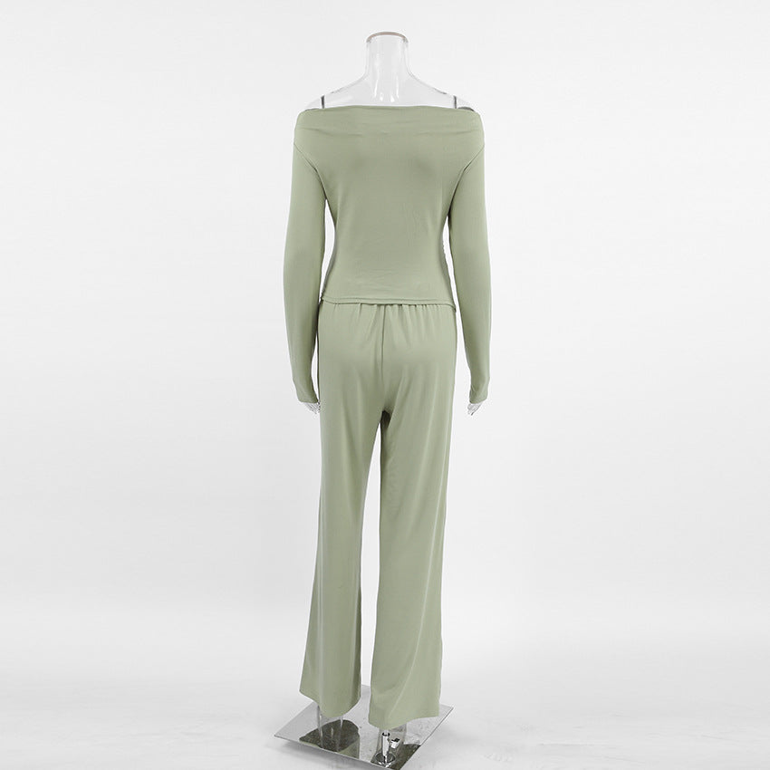 Autumn And Winter Grey Knitting Fashion Off Shoulder Long Sleeve Top High Waist Wide Leg Pants Casual Two Piece Set 11