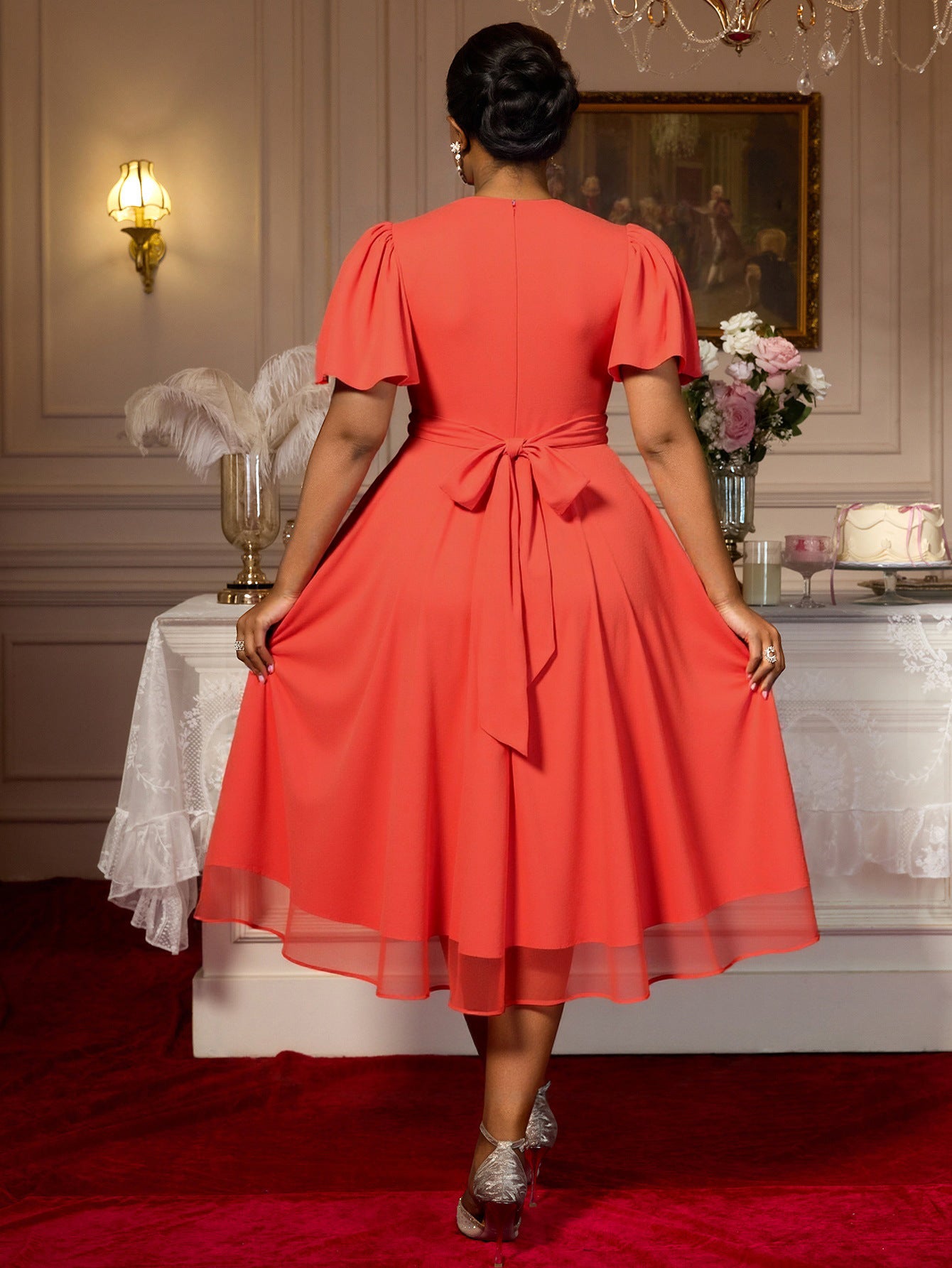 Plus-Size Women Chiffon V-Neck Gathered Short Sleeve Orange Dress 3