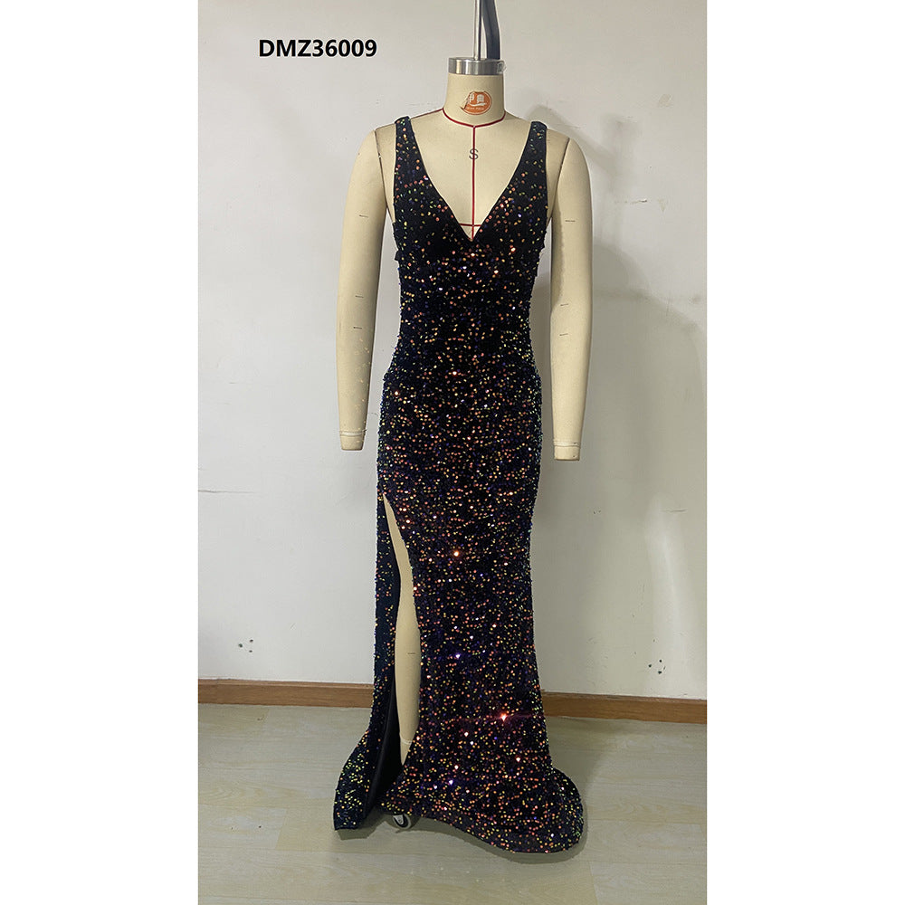 Halter Neck Hollow Fishtail Dress Long Dress High Slit Low Back Sequin Formal Party Evening Dress 8