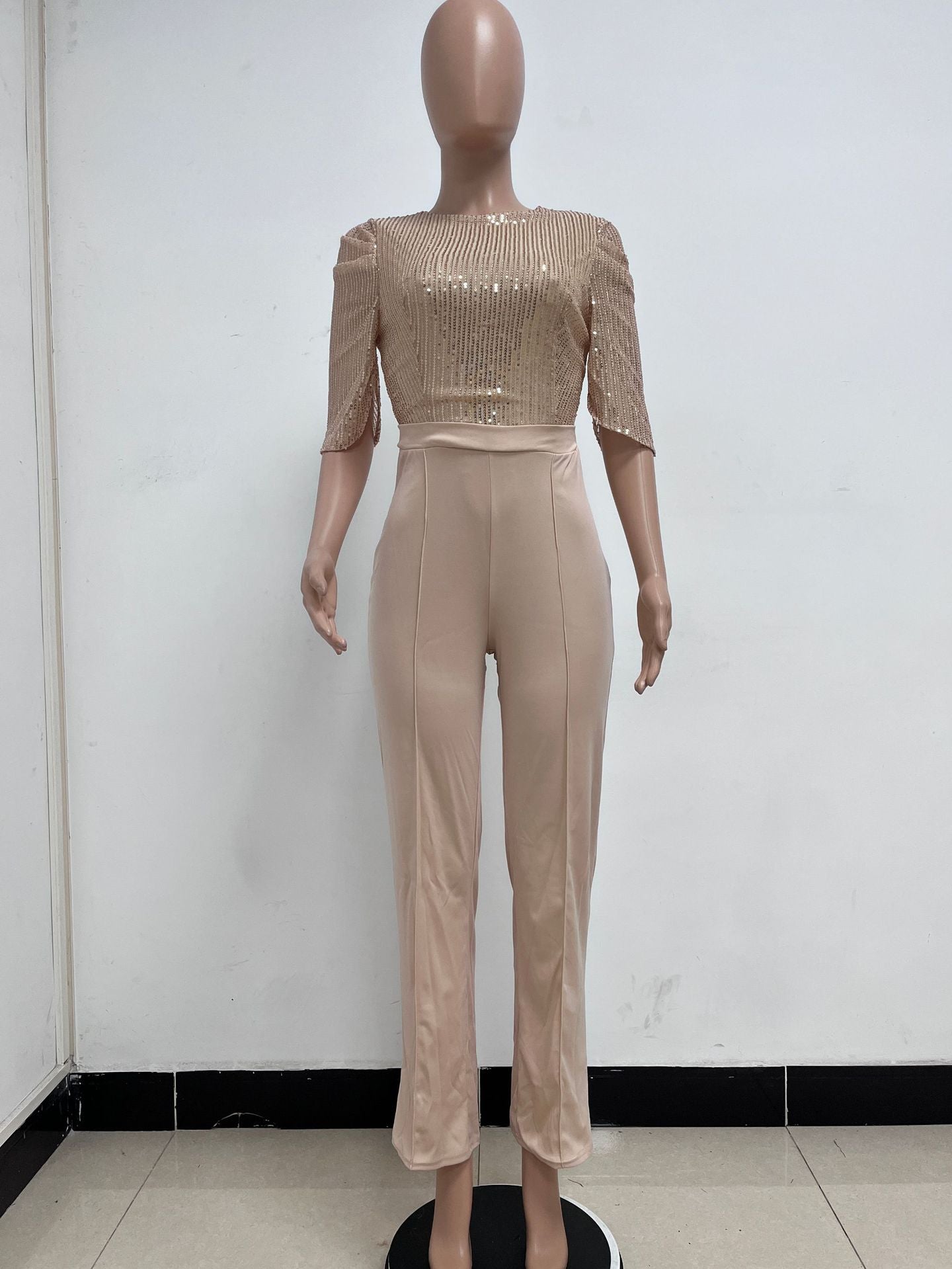 Women's Fashion Sequins Half Sleeve Wide-Leg Chic Ladies Jumpsuit 16