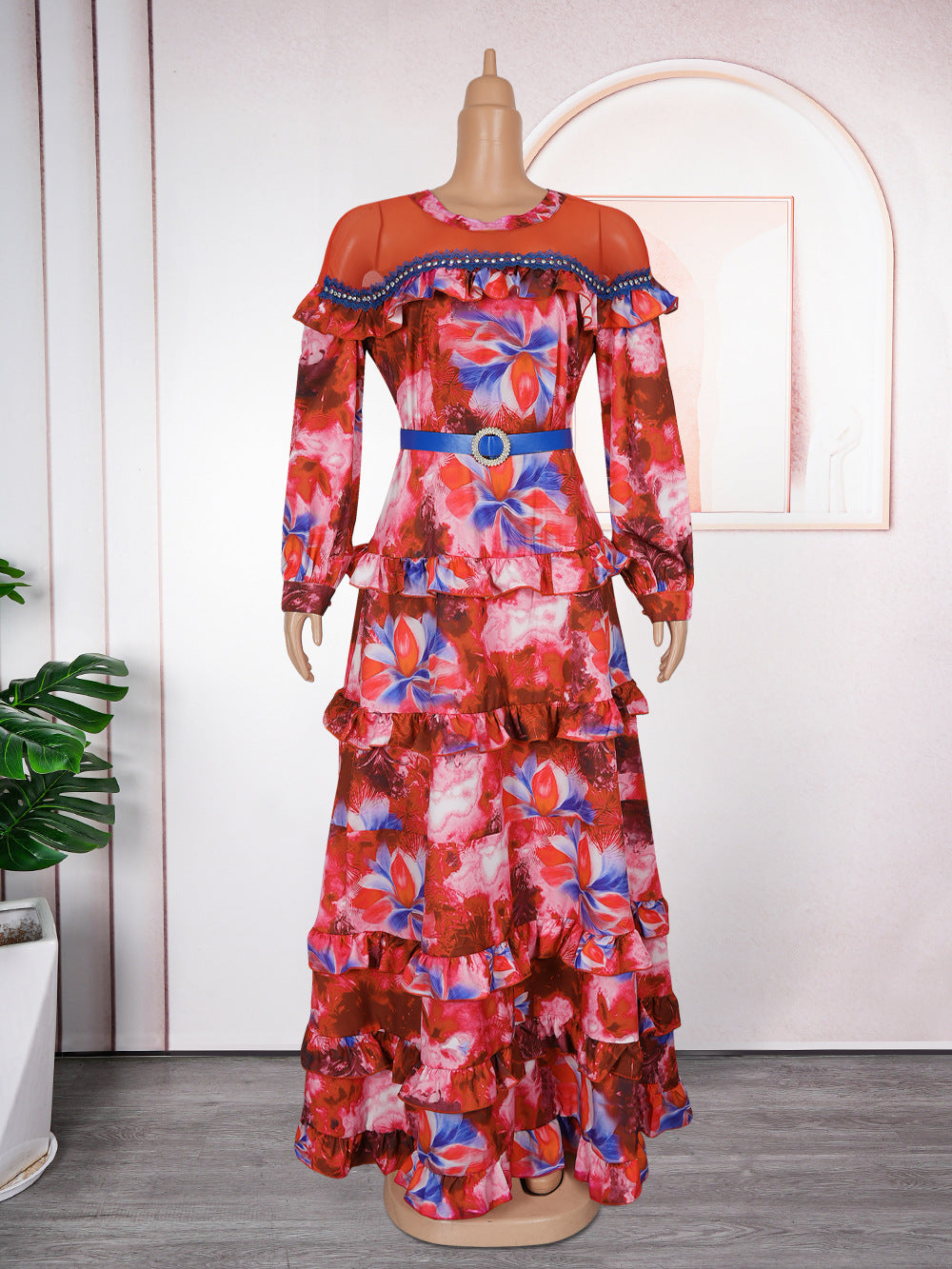 Plus-size African Women ruffled print beaded belt dress 6