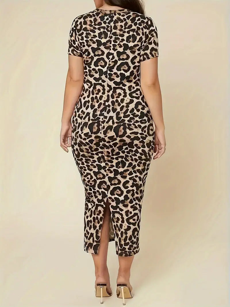 Plus Size Women Round Neck Leopard Bodycon Dress