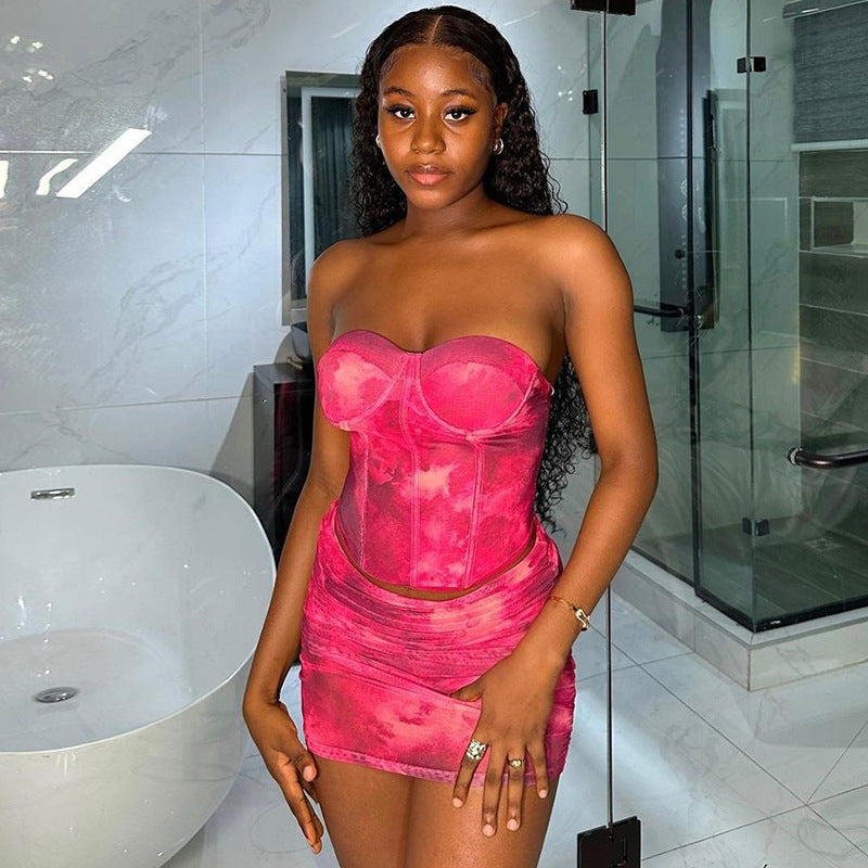 Summer Fashion Women's Sexy Printed Strapless Vest Skirt Trendy Two Piece Set