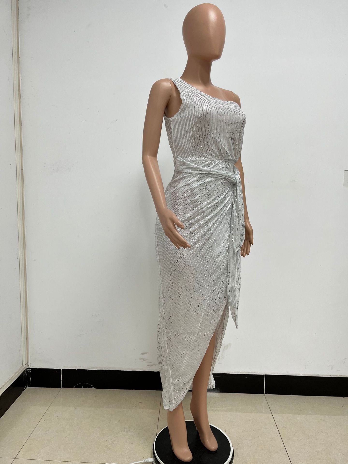 Women's One-Shoulder Lace-Up Sequined Evening Dress 84