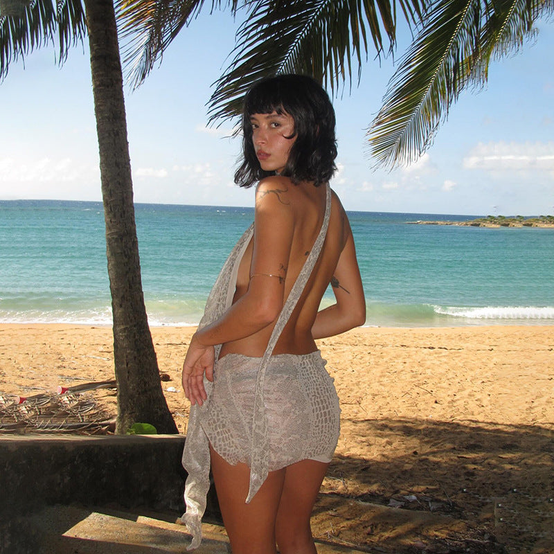 Women Summer Sexy Snake Print Halter Neck Lace-up Irregular Dress 4