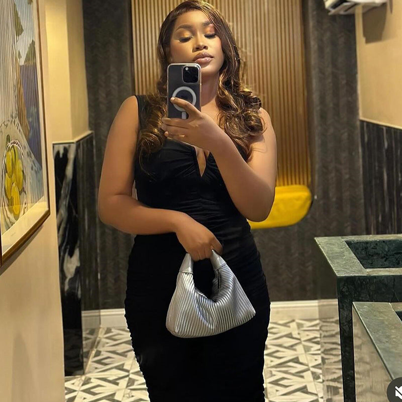 Women Solid Color Strap Sleeveless Low Back Tight Fitting Pleated Fishtail Dress 5