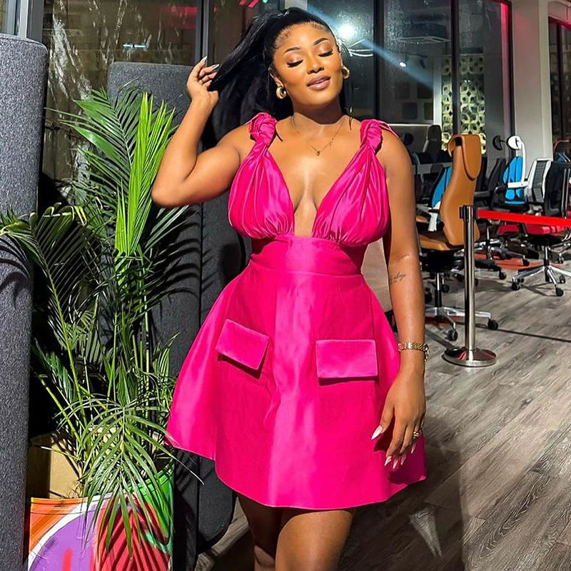 Women summer V-neck high waist Strap Dress 6