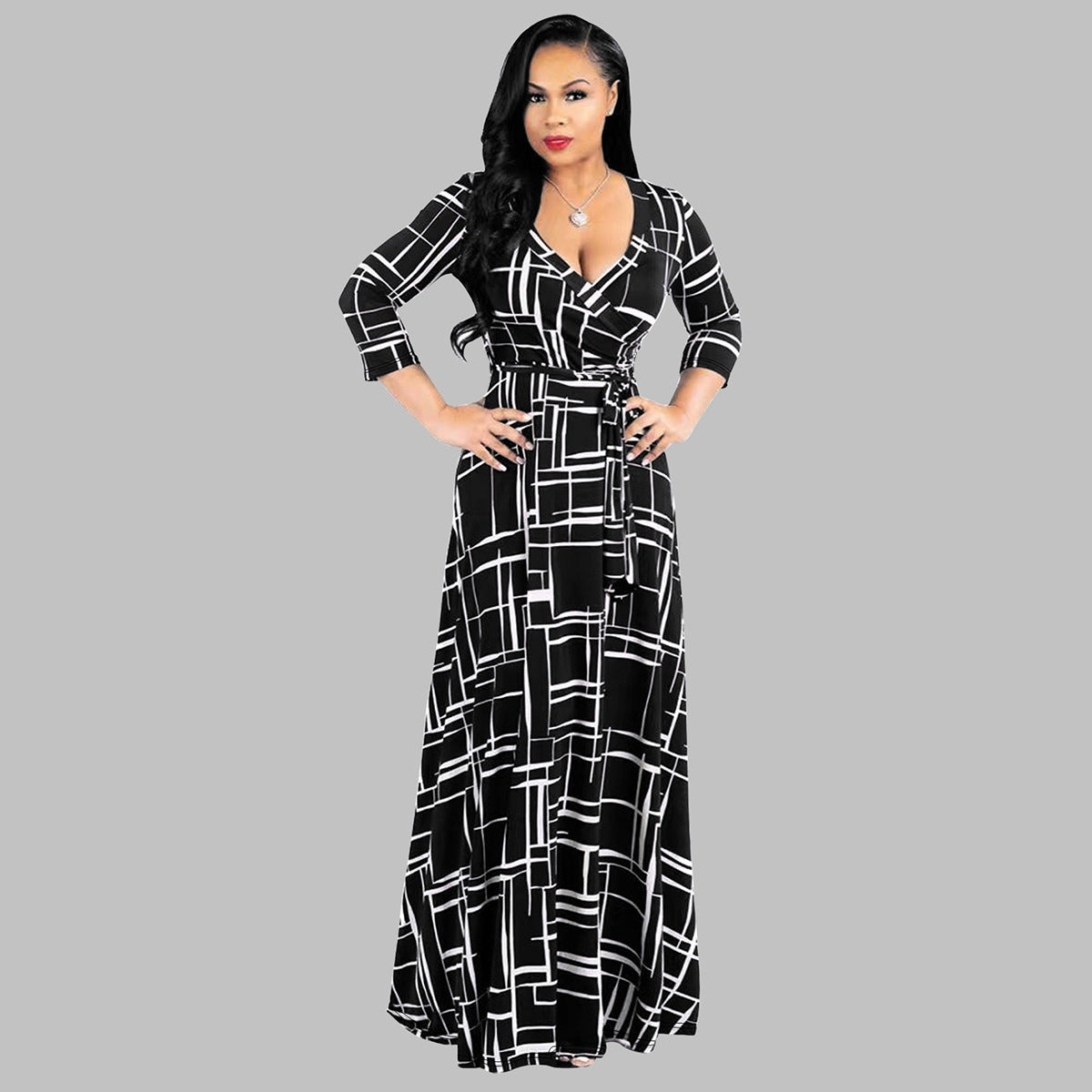 Spring & Autumn Women's Fashion Elegant Wrap V-Neck Half-Sleeve Print Belt Maxi Dress 16