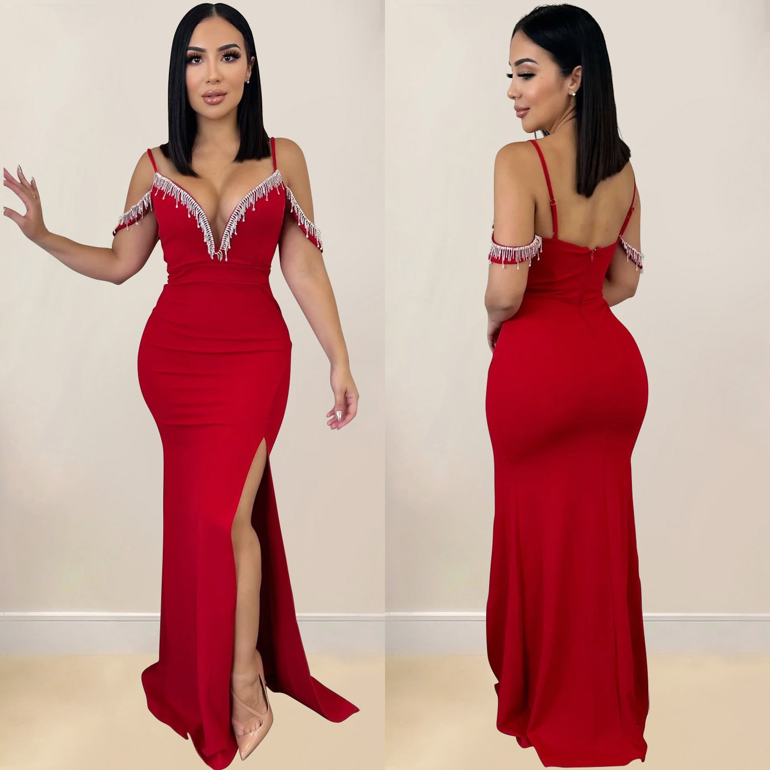 Fashion Women's Solid Color Tassel Suspender Long Dress 4