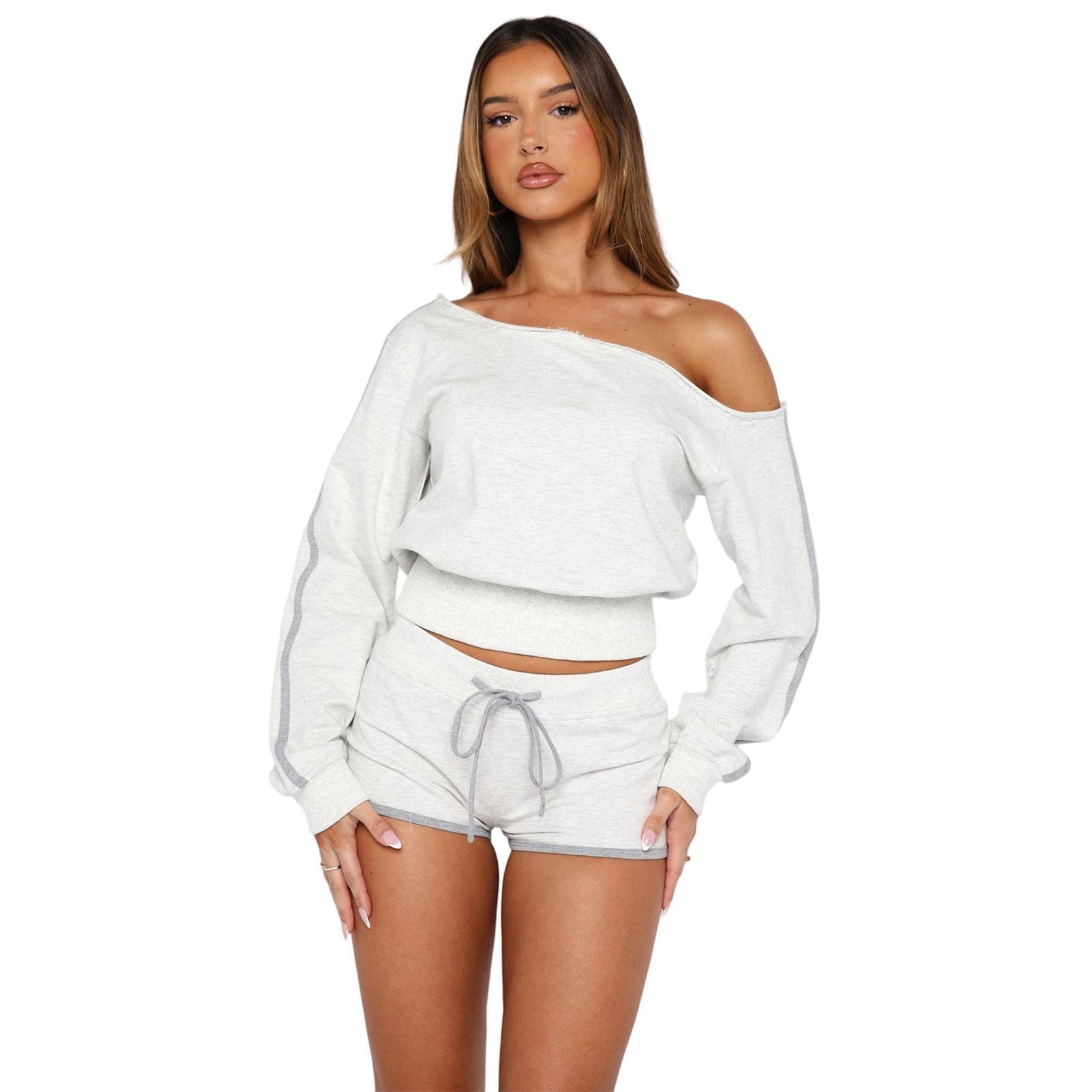 Women's Casual Slash Shoulder Long Sleeve Top Drawstring Shorts Two-Piece Set 15