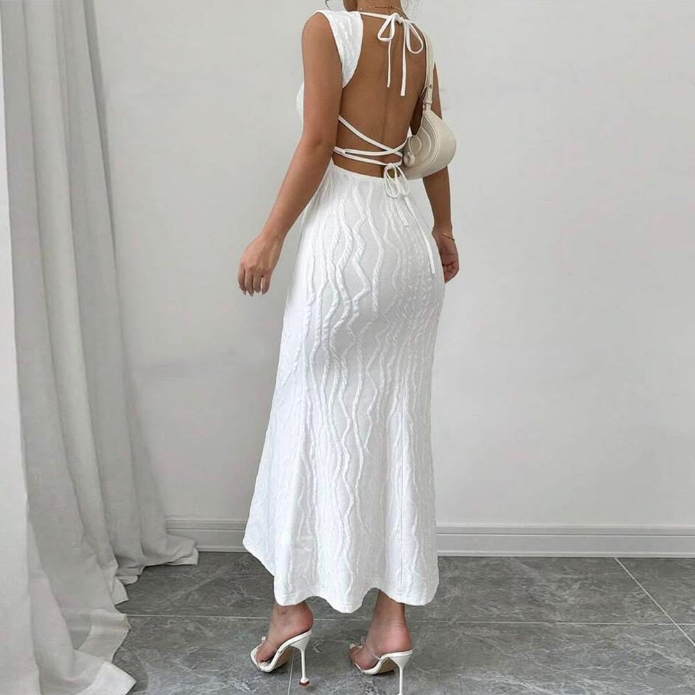 Striped Sexy Square Neck Strappy Low Back Long Dress 4