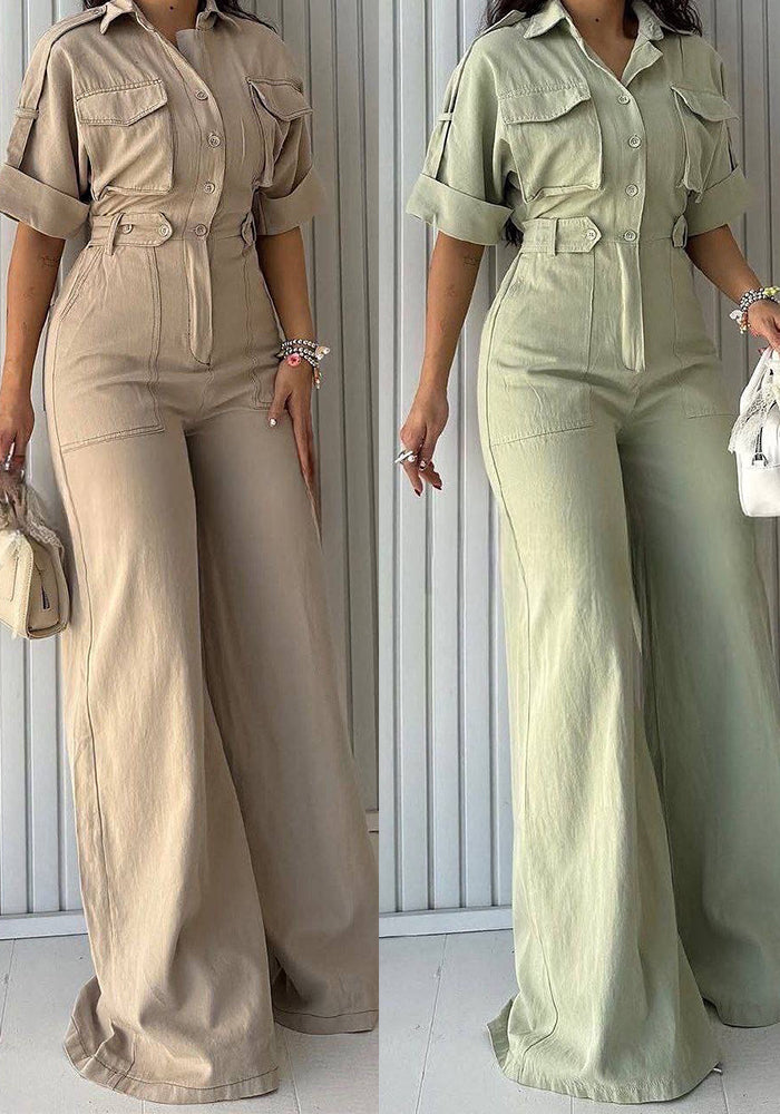 Women Turndown Collar Cargo Wide-Leg Jumpsuit