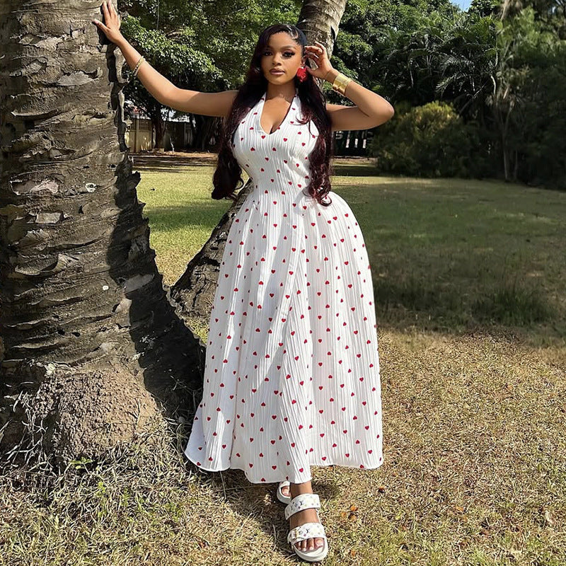 Women's Summer Halter Neck/V-Neck Printed High Waist Long Dress 3