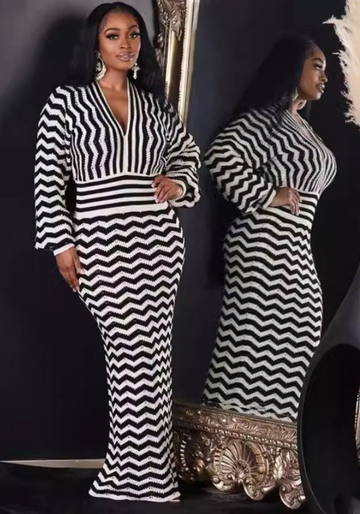 Vintage Color-Block Beach Holiday Long-Sleeve Dress