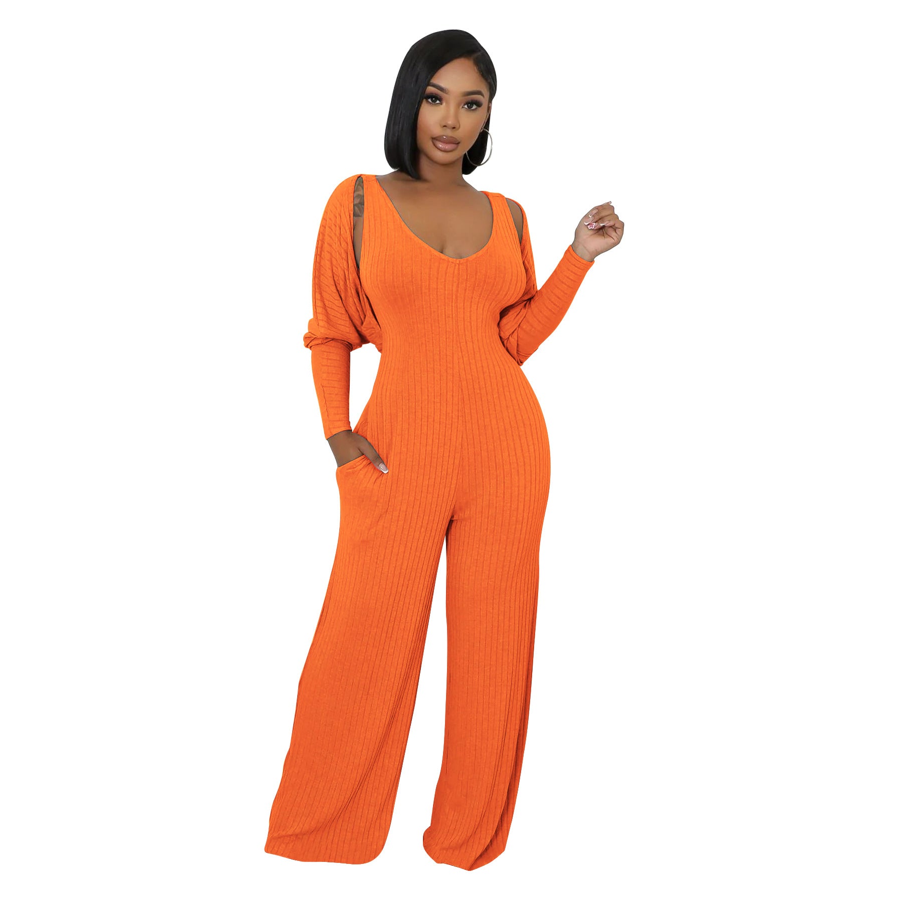 Women’s Fashion Ribbed High-Stretch Cape Top Sleeveless Jumpsuit Set 13