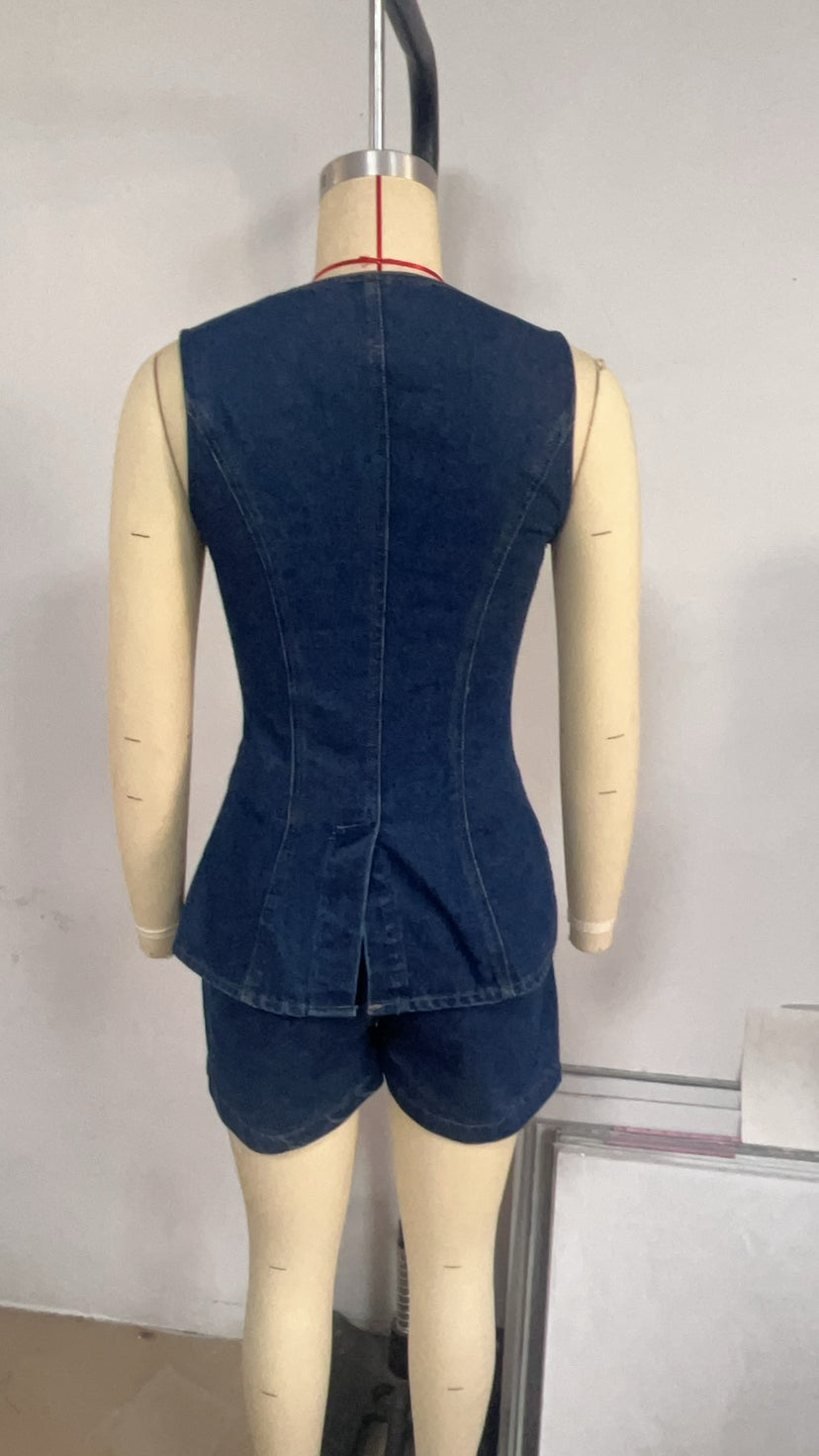 Summer Fashion Casual Sleeveless High Waist Women's Two Piece Denim Shorts Set 11