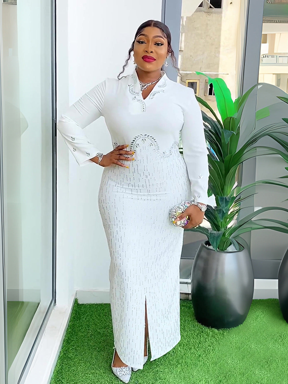 Africa Plus Size Women's Beaded V-Neck Bodycon Chic Elegant Dress 6