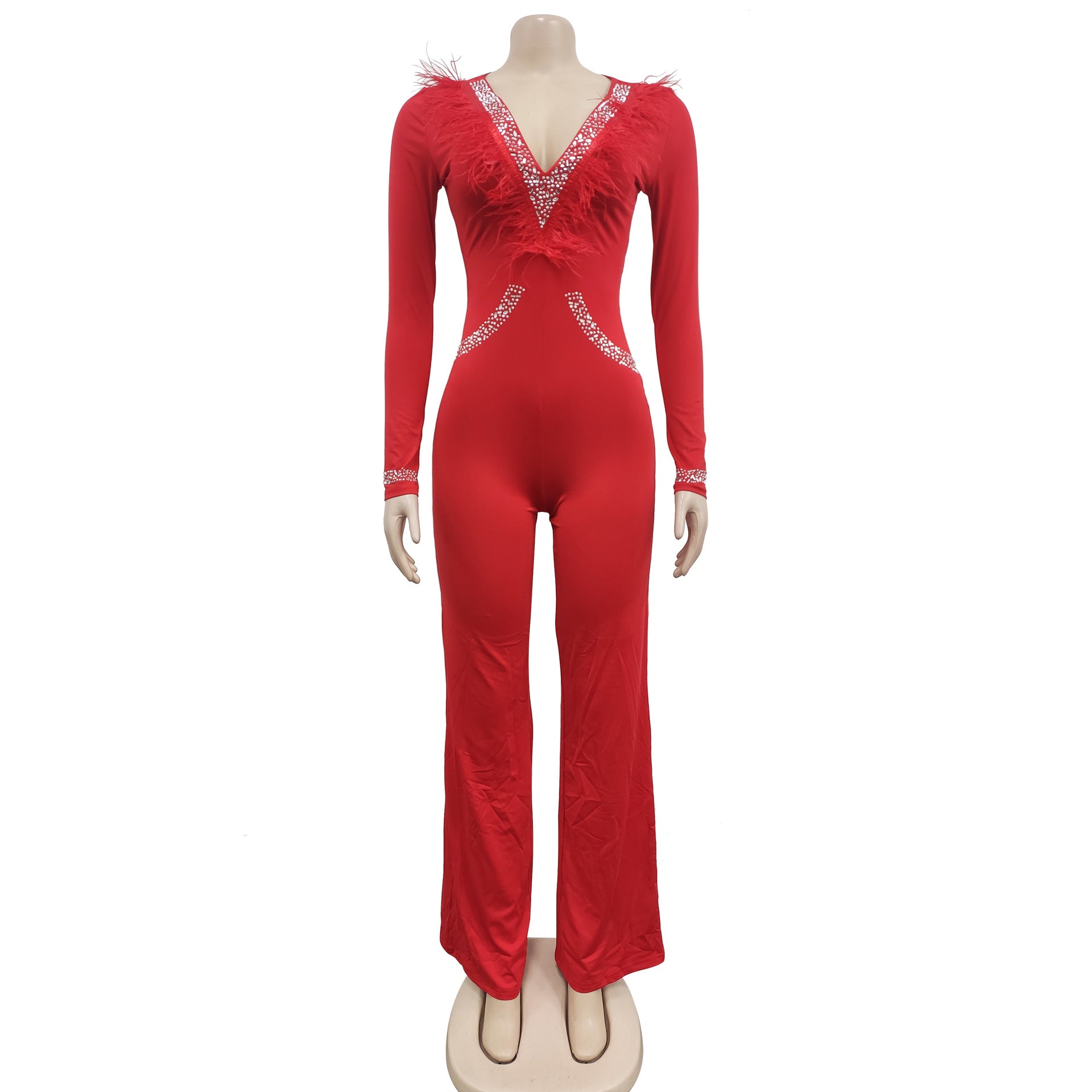 Women'S Fashion Feather Patchwork Beaded V-Neck Long Sleeve One Peice Trousers Sexy Ladies Jumpsuit 22