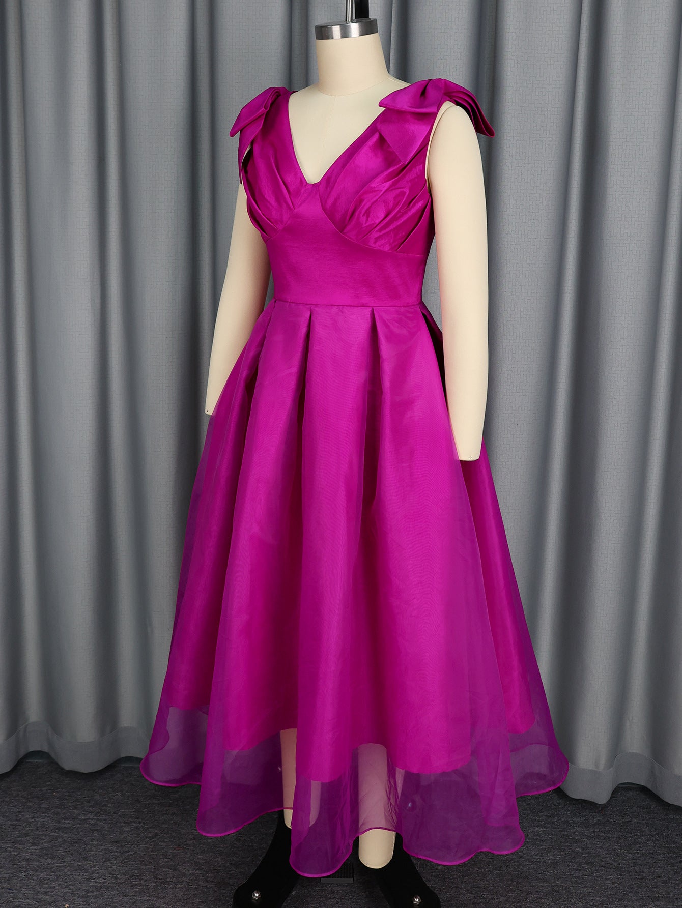 Sexy V-Neck Bow Sleeveless Dress High-Waist Elegant Formal Party Gown 9