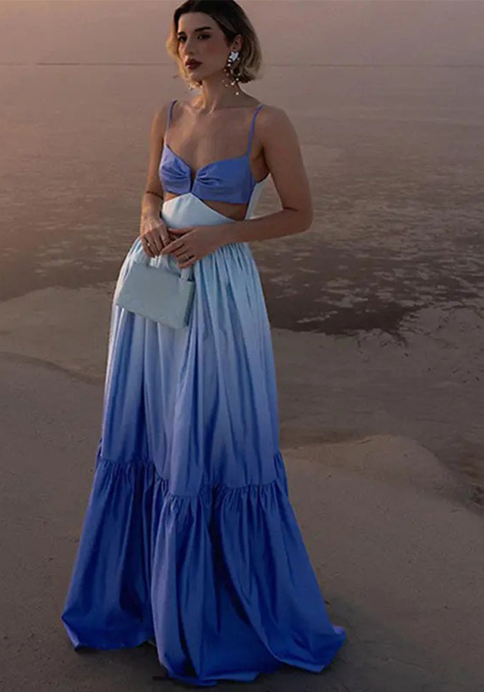 Women Gradient Color Suspender Cut Out Maxi Dress