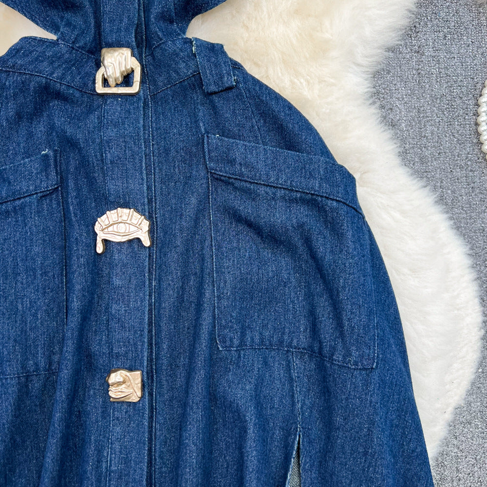 Women Vintage Turndown Collar Cut Out Sleeveless Denim Dress 16