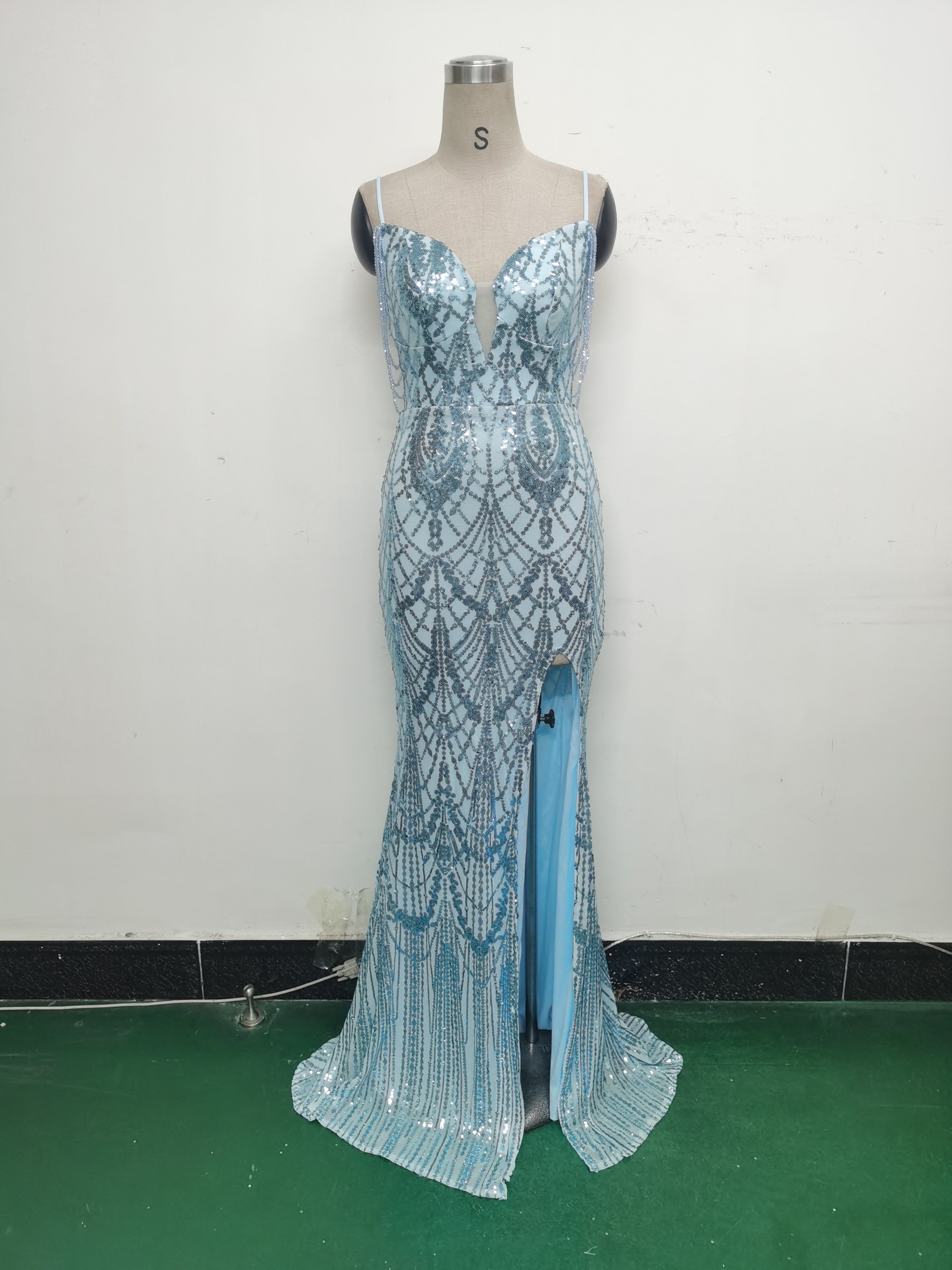 Women beaded sequin fishbone Lace-Up See-Through evening dress 39