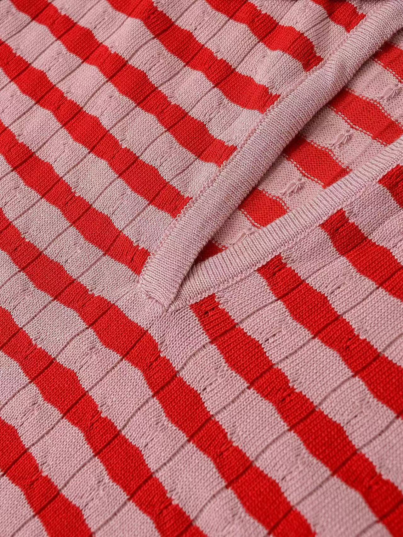 Fashion Turndown Collar Shirt & Striped Bell-Bottom Pants Summer Knit Set 26