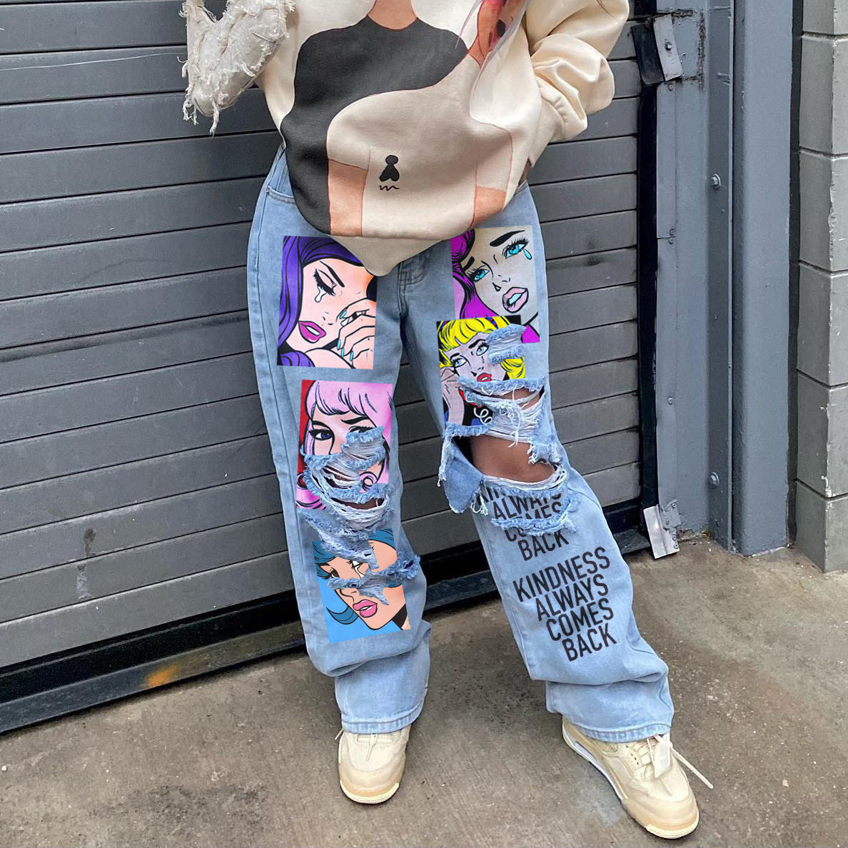 American Retro High Street Printed Wash Denim Pants Casual Women Wide Leg Jeam 6