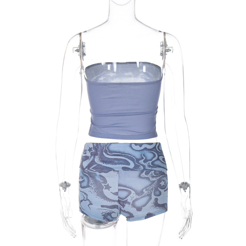 Women Spring Sexy Printed Off Shoulder Tank Top Shorts Two-piece Set 11