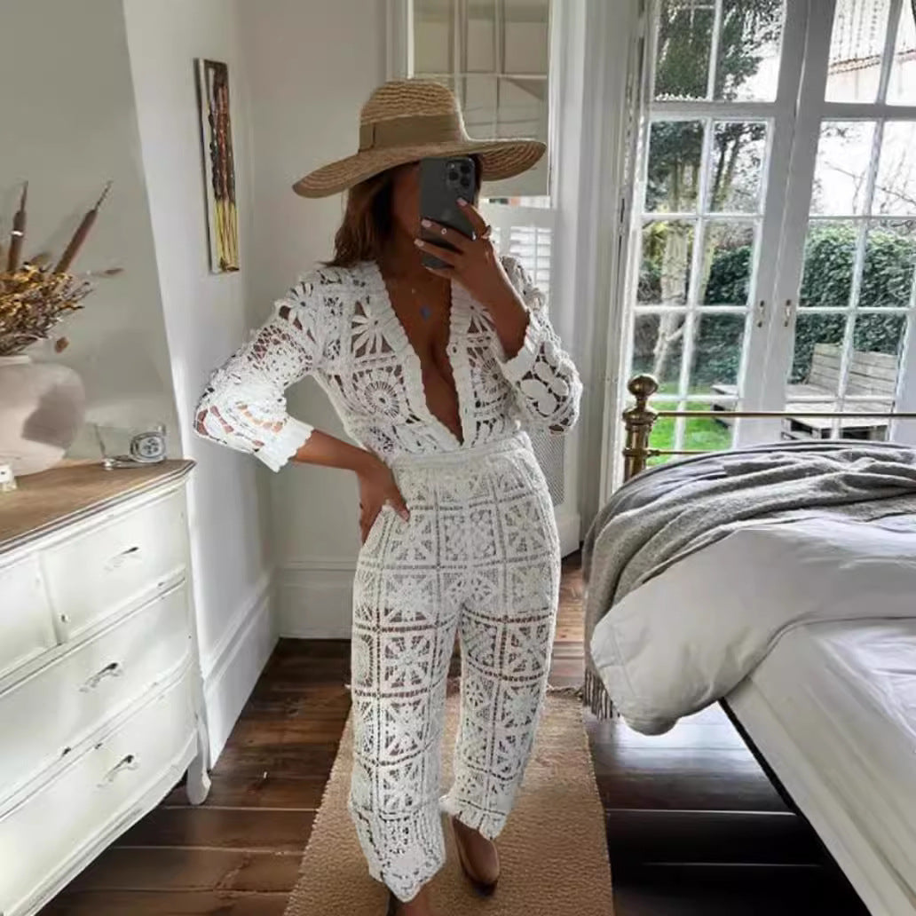 Women knitting hollow Top and Pants Two Piece Set 4