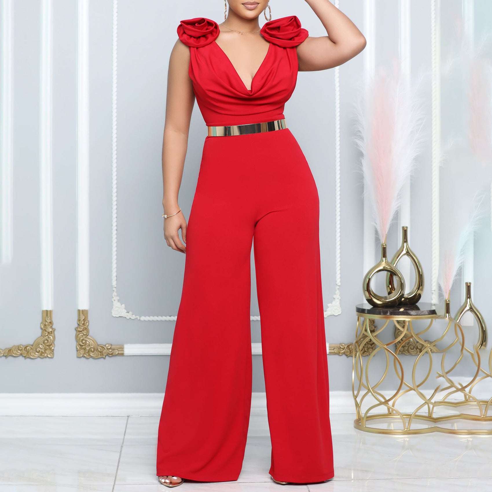 Women's Fashion Sexy Solid Color V-Neck Sleeveless Slim Waist Wide Leg Jumpsuit 3