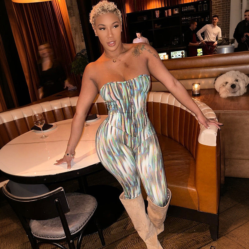 Women spring and summer Strapless off-shoulder zipper tie-dye top and pants two-piece set