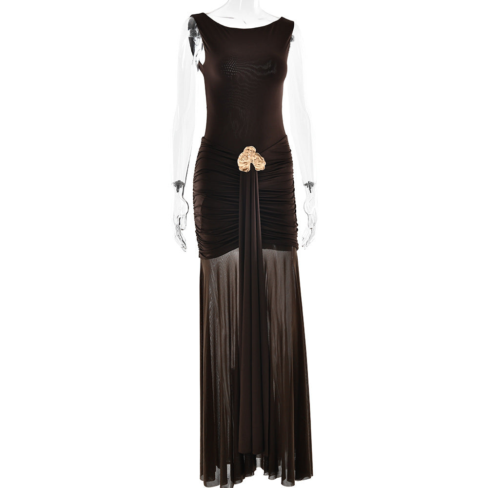 Women's Summer Sexy Solid Sleeveless Low Back Slit Pleated Long Dress 16