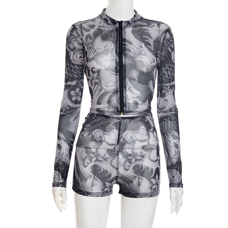 Women's Summer Autumn Zipper Round Neck See-Through Print Long Sleeve Two Piece Shorts Set 7