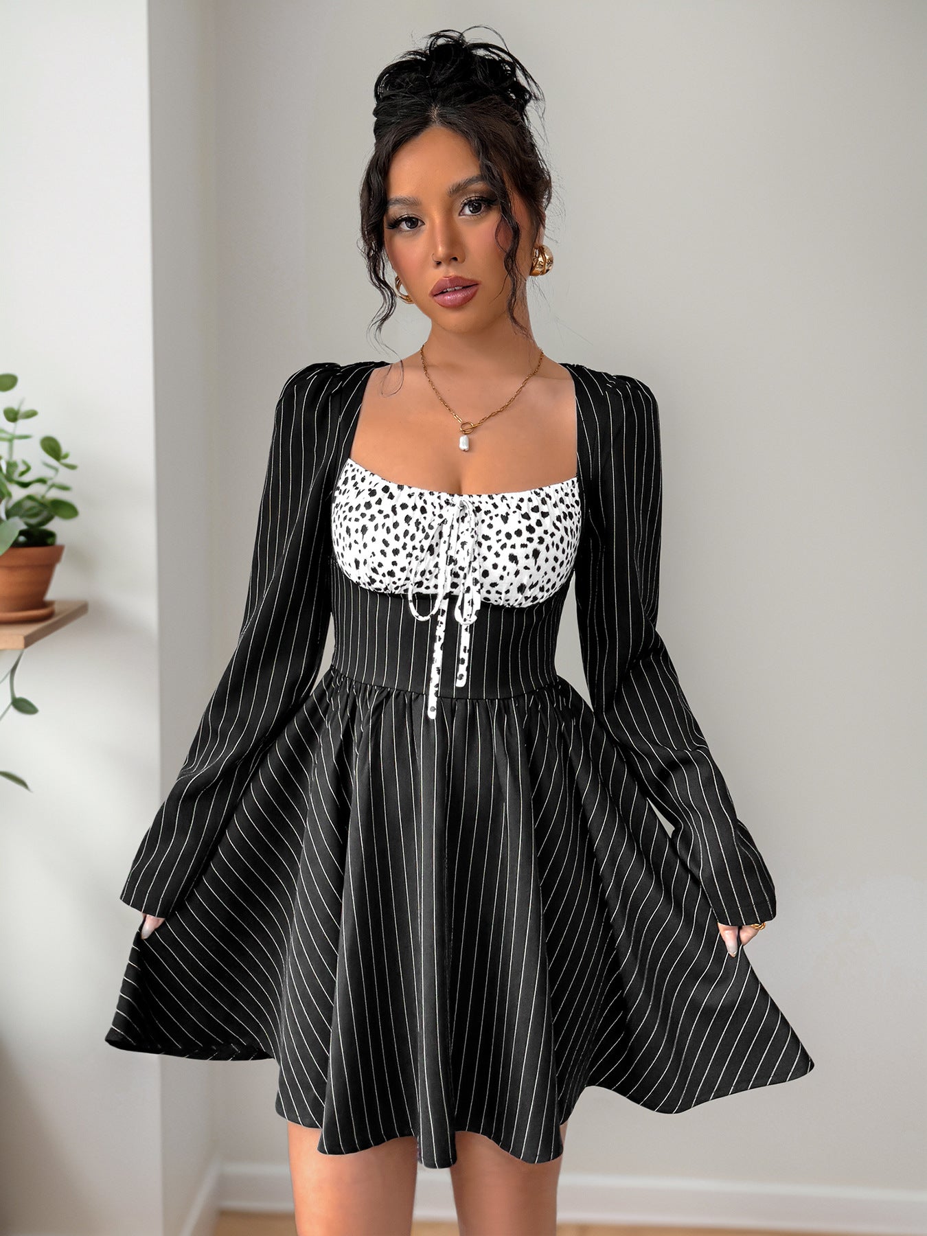 Elegant Contrast Patchwork Striped Long-Sleeve Autumn Dress