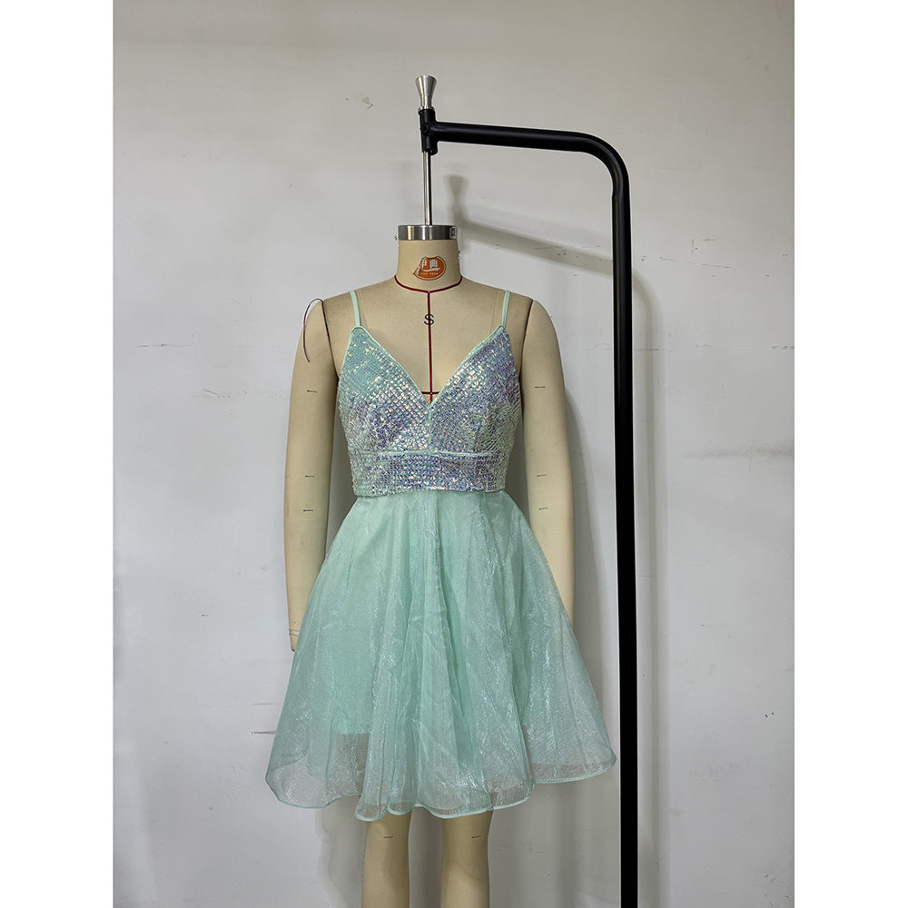 Women summer sequin patchwork sling party formal party dress 9