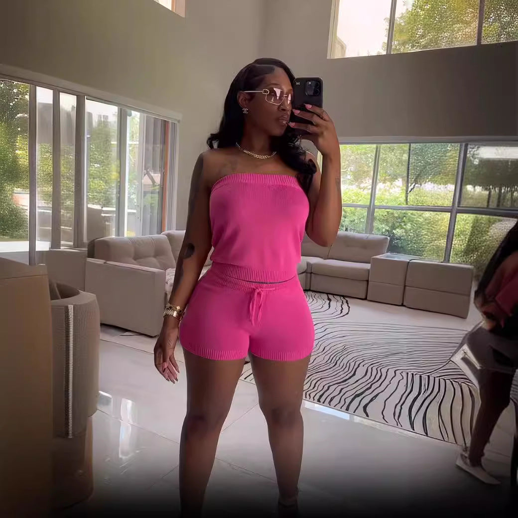 Women casual solid top and shorts two-piece 3