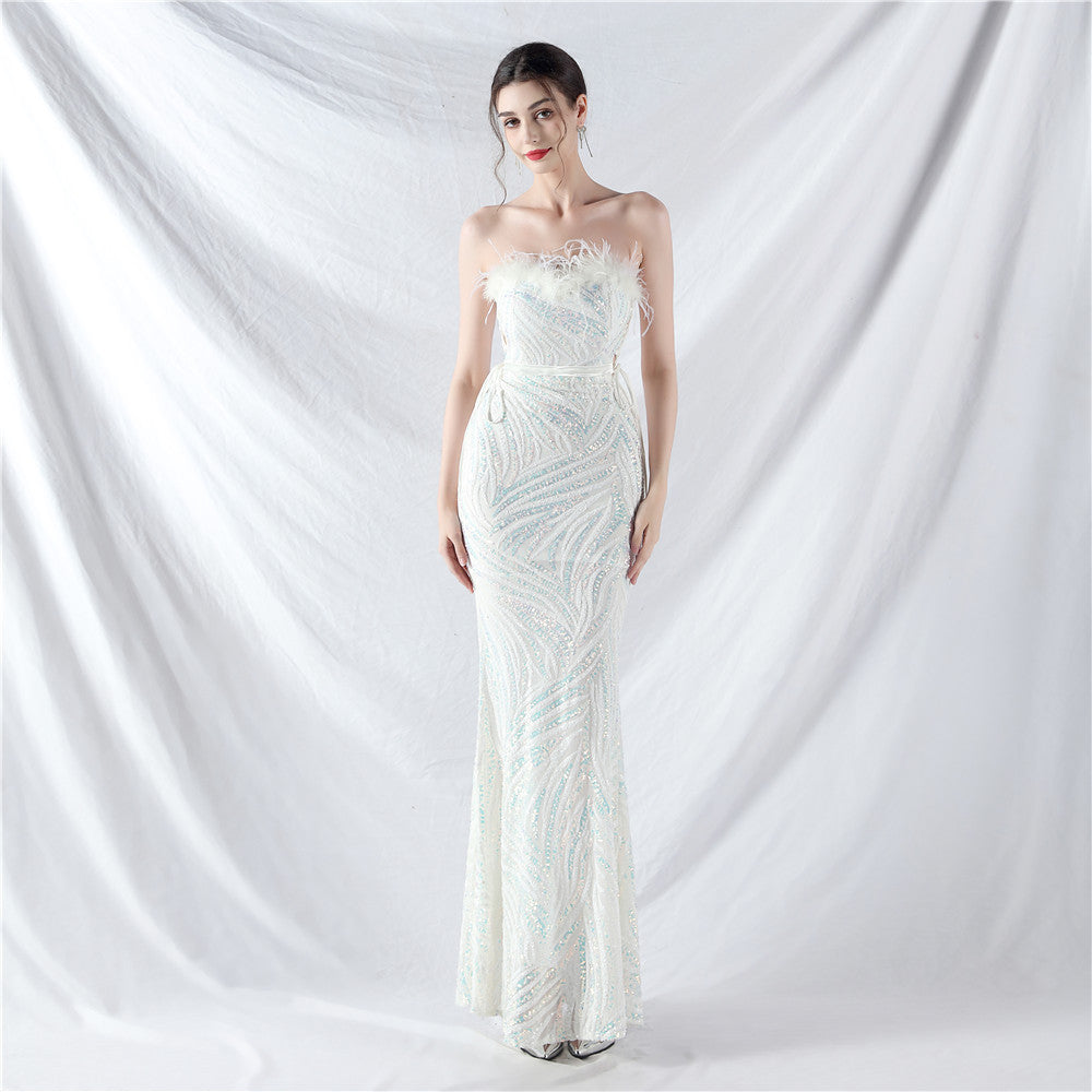 Elegant Feather Strapless Lace-Up Strap Sequin Evening Dress 4