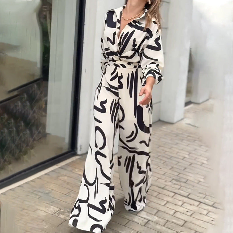 Women Casual Print Turndown Collar Jumpsuit 4