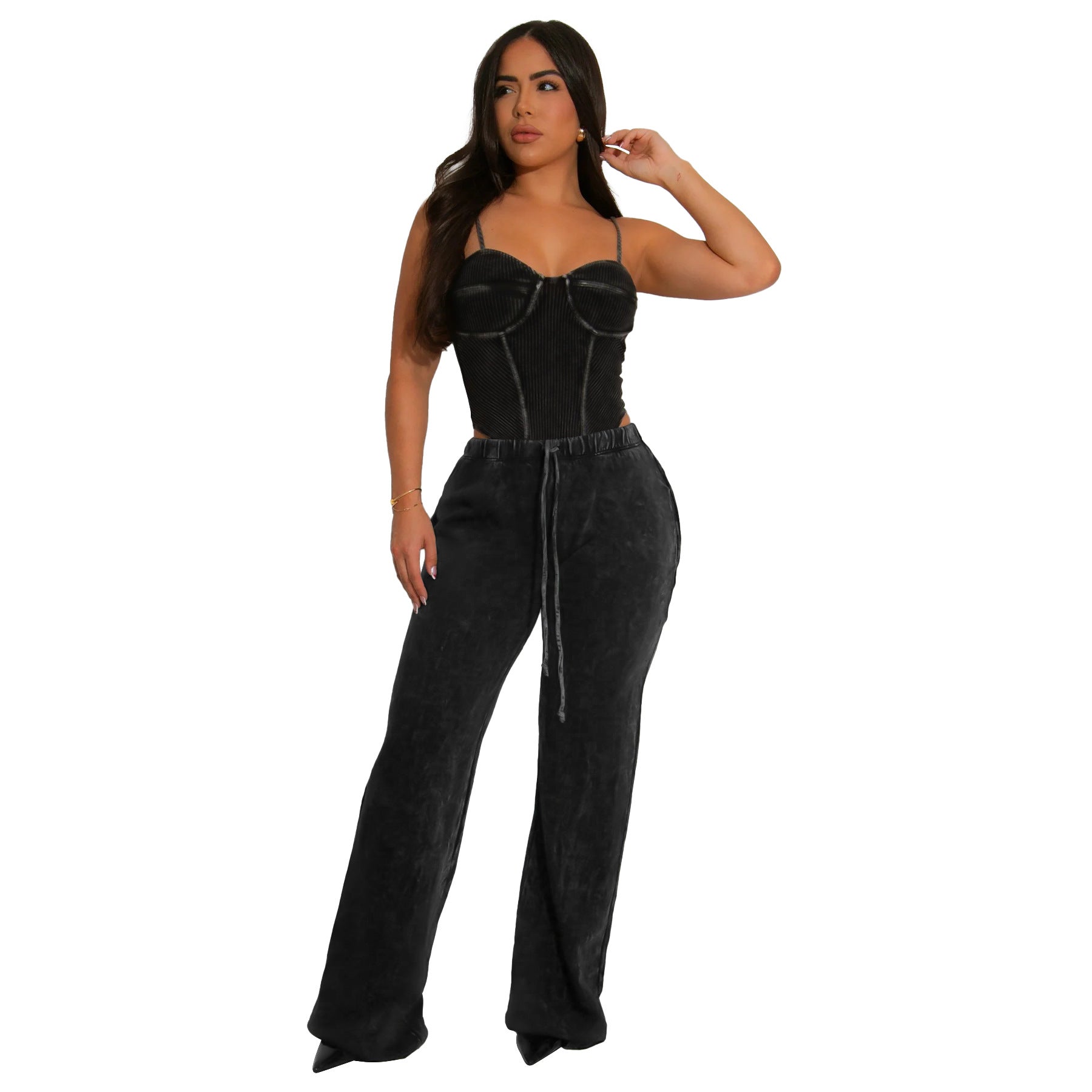 Women Sexy Cotton Washed Strapless Top and Pant Two-Piece Set 53