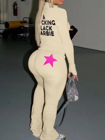 Women star print zipper top and pants yoga two-piece set